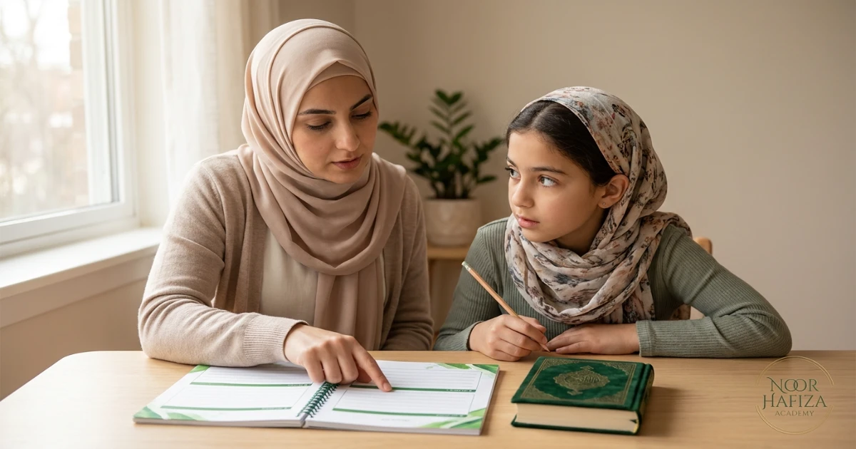 Quran teacher helping a student strengthen the first memorization before adding new Hifz