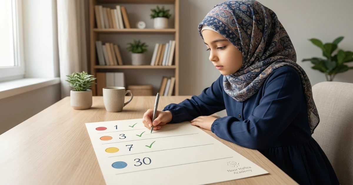 Quran memorization retention tracker showing spaced review for one day three days seven days and thirty days