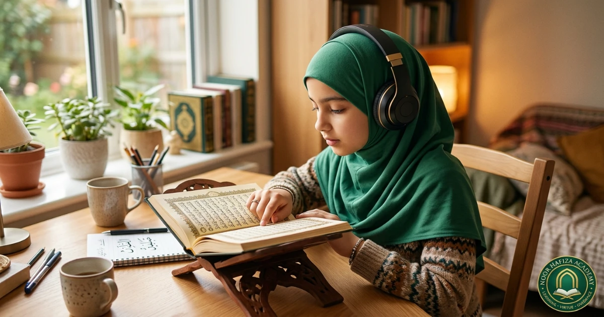 Quran pronunciation shadowing practice with headphones and Mushaf