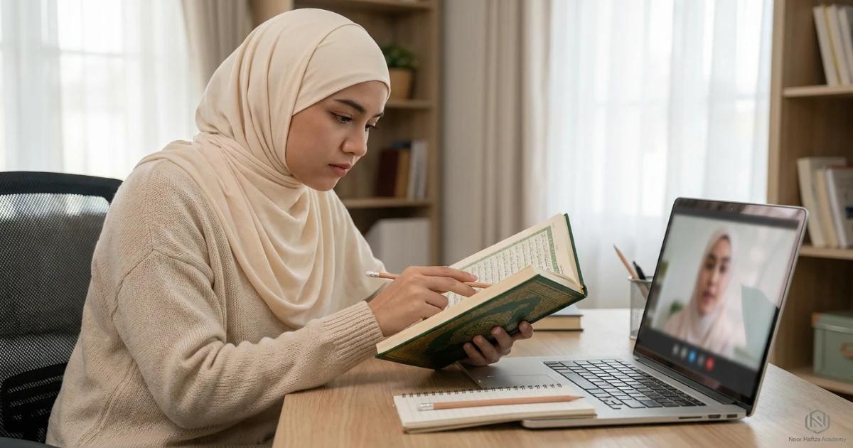 Student reviewing similar Quran verses with teacher guidance to prevent Hifz confusion