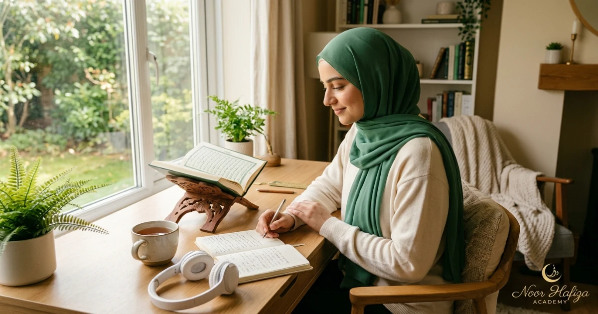 Female Quran teacher helping returning learner rebuild fluency pronunciation and Tajweed