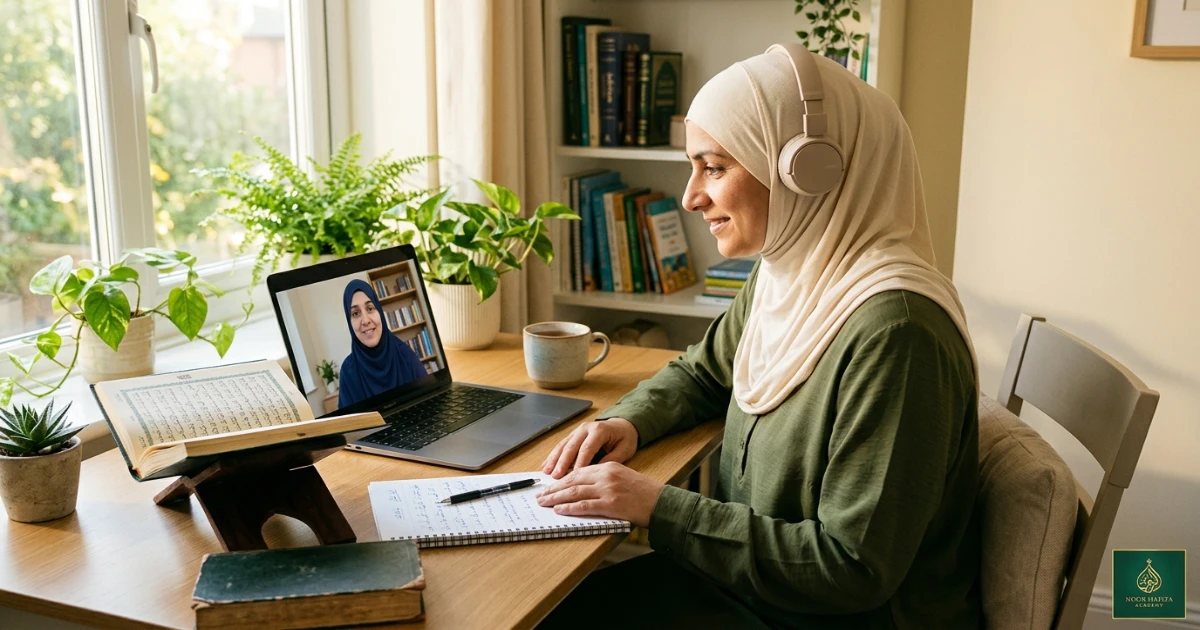 Adult Muslim learner reviewing Arabic letters Harkaat and joined forms for Quran reading