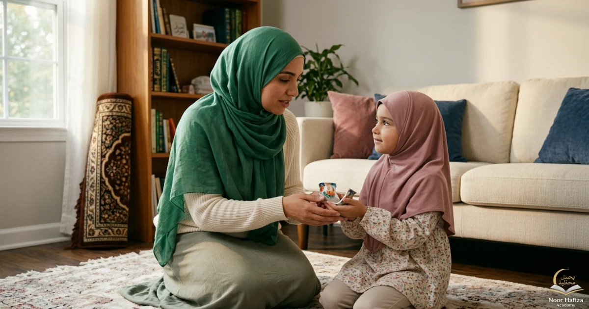 Muslim child showing respect to parents as part of Islamic manners for kids