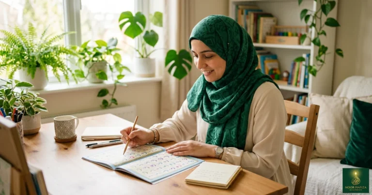 Muslim woman restarting Quran reading after years away with support from a female Quran teacher