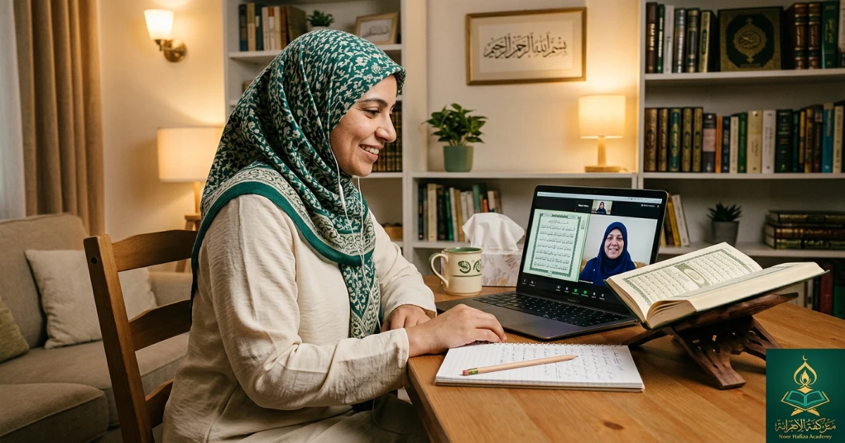 Returning Quran learner taking an online assessment class with female Quran teacher