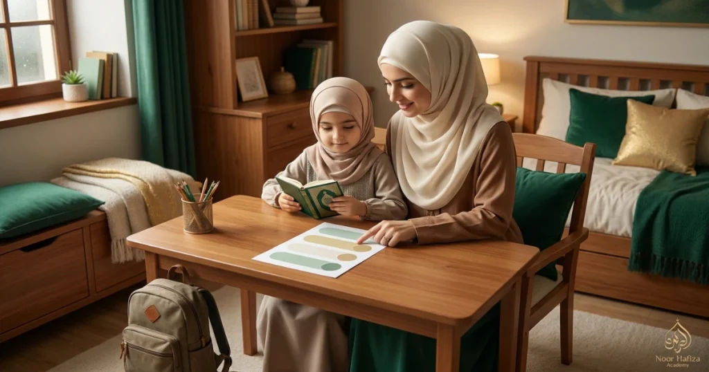 School-friendly Hifz schedule balancing Quran memorization, homework, sleep and play for a child