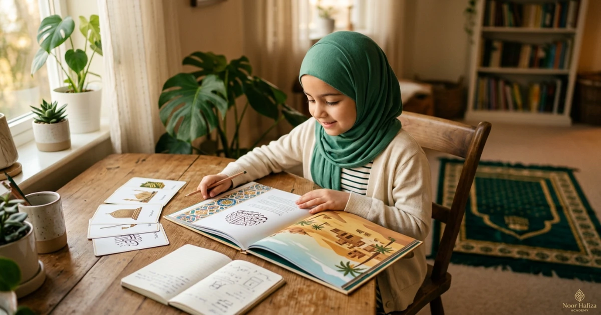 Young Muslim child learning Seerah through simple stories and picture-based activities