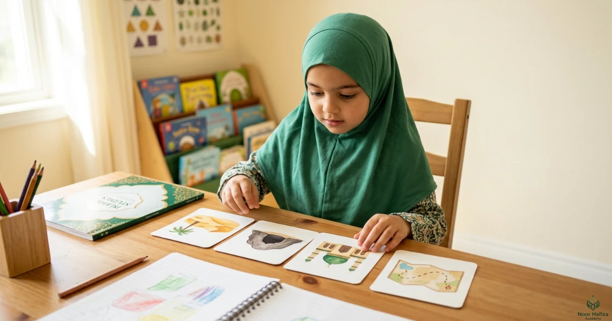 Muslim children learning character lessons from Seerah such as patience honesty mercy and courage