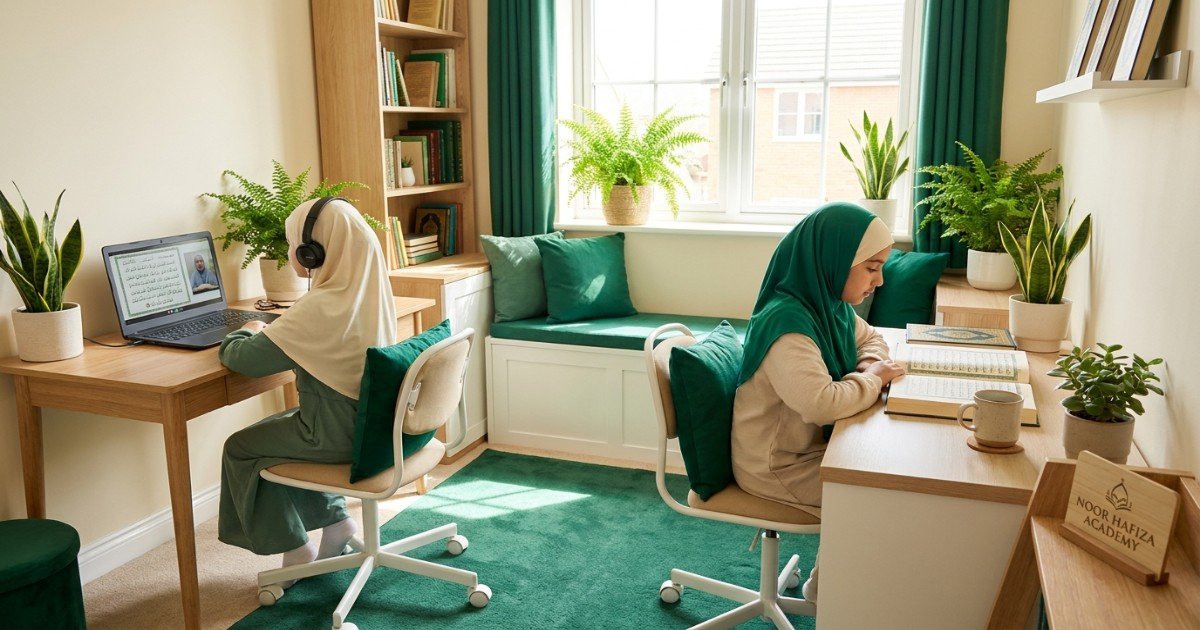 Muslim homeschool siblings following staggered online Quran class times at home