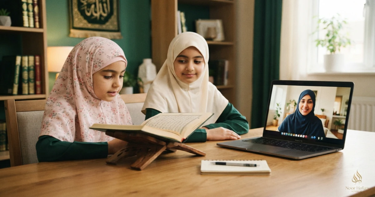 Quran teacher checking whether siblings have similar reading levels before a shared online class