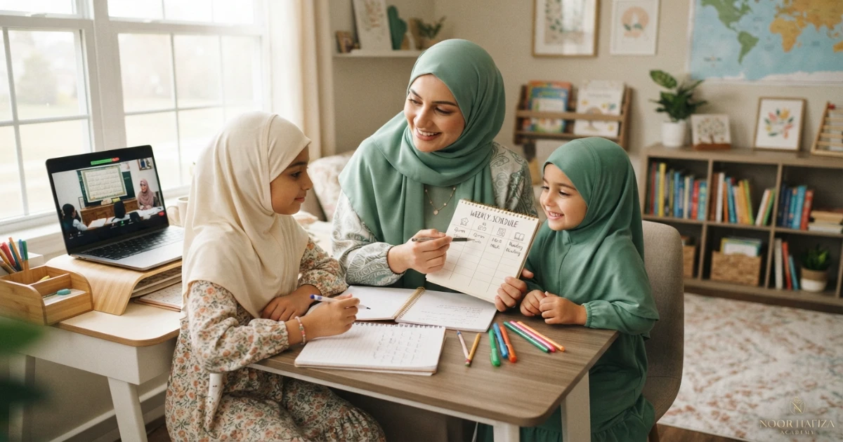 Family schedule for back-to-back and shared online Quran classes for siblings