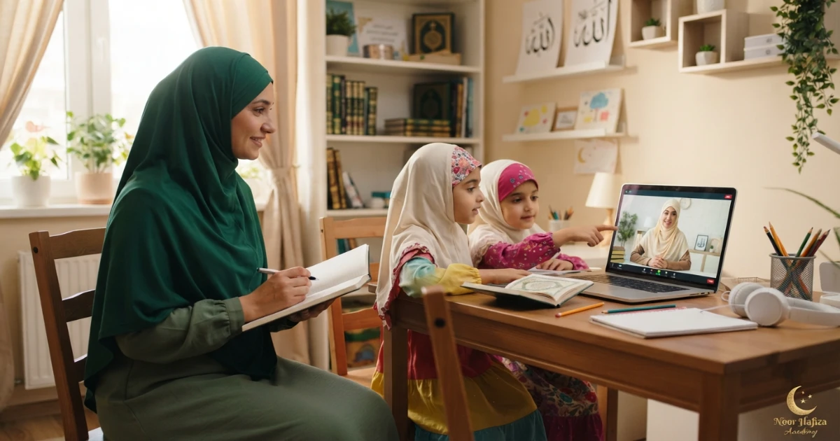 Parent evaluating a shared online Quran trial class for two siblings