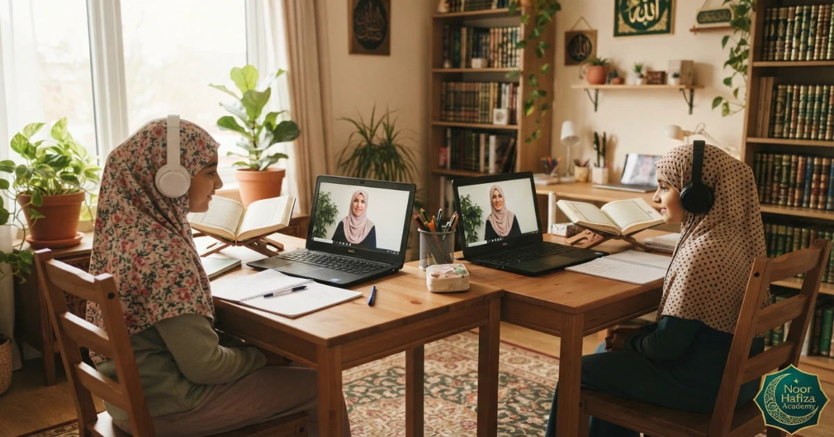 Muslim siblings practicing Tajweed and Hifz with individual correction goals