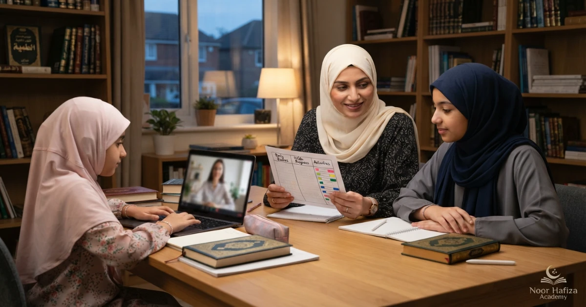 Muslim family arranging Central Time online Quran classes for siblings