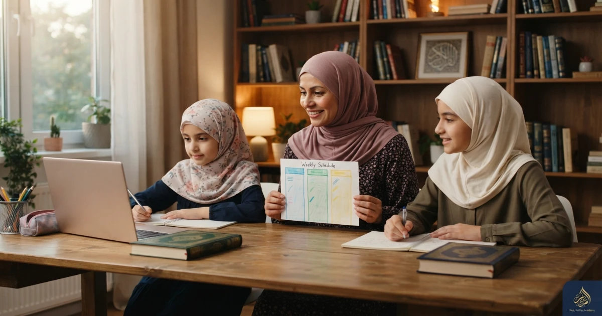 East Coast Muslim family planning online Quran lessons for siblings around homework and dinner