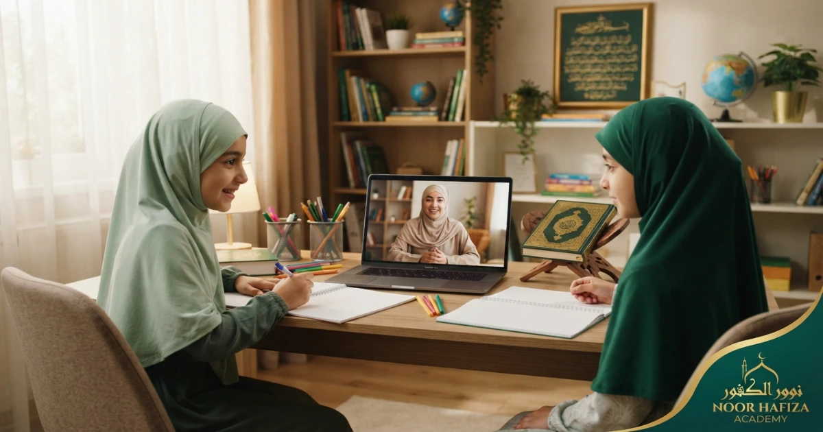 Muslim siblings taking online Quran classes together with a female Quran teacher