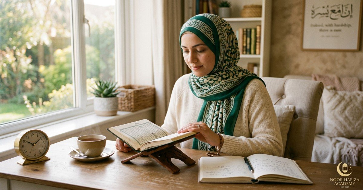 Adult learner memorizing a small Quran portion with notebook and Mushaf