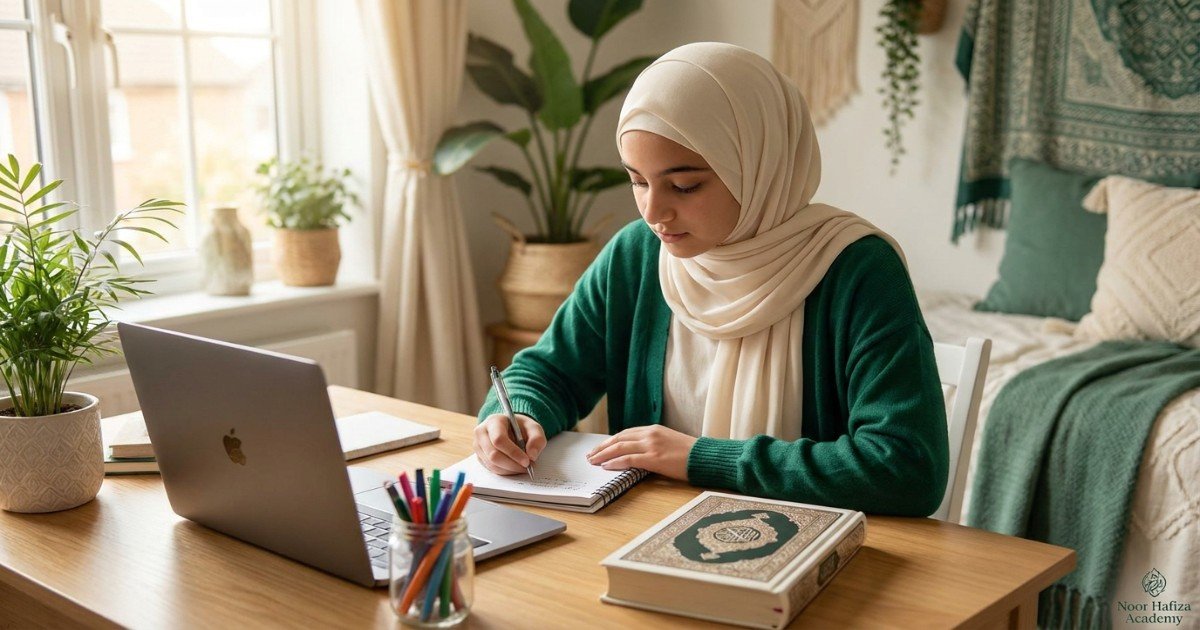 Muslim teenager setting Quran learning goals for reading Tajweed Hifz and understanding