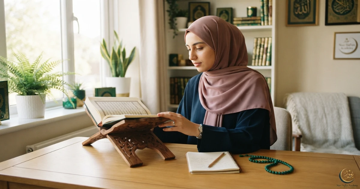 Female Hafiza reviewing memorized Quran with Mushaf on a wooden rehal