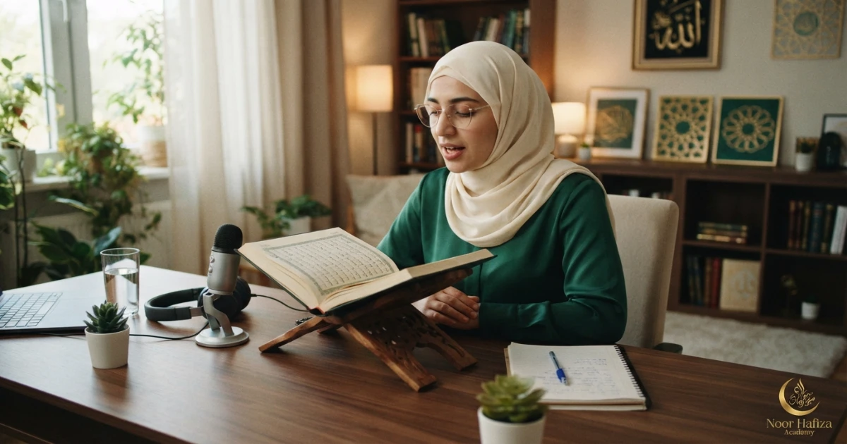 Female Qaria demonstrating careful Quran recitation and pronunciation