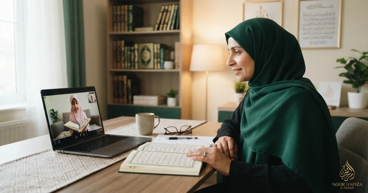 Female Tajweed teacher correcting Quran pronunciation during an online lesson