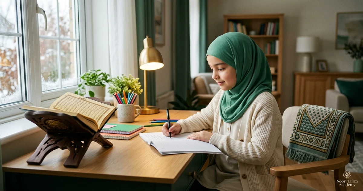 Family Quran routine during winter break with short reading memorization and review sessions