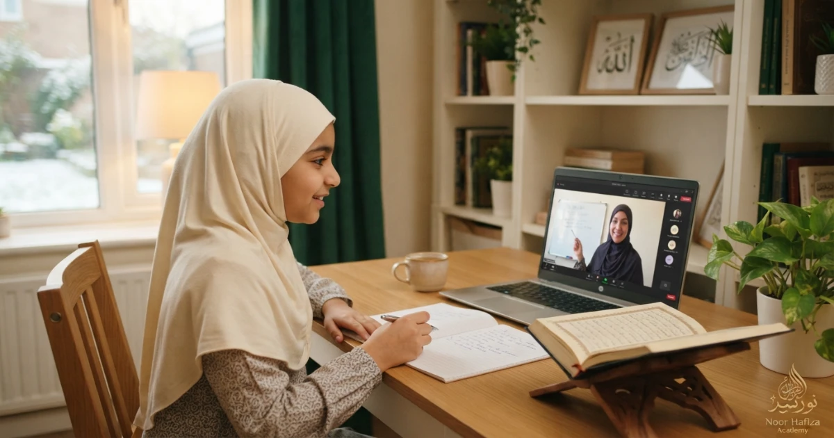 Muslim family spending winter holiday time reading Quran and learning together