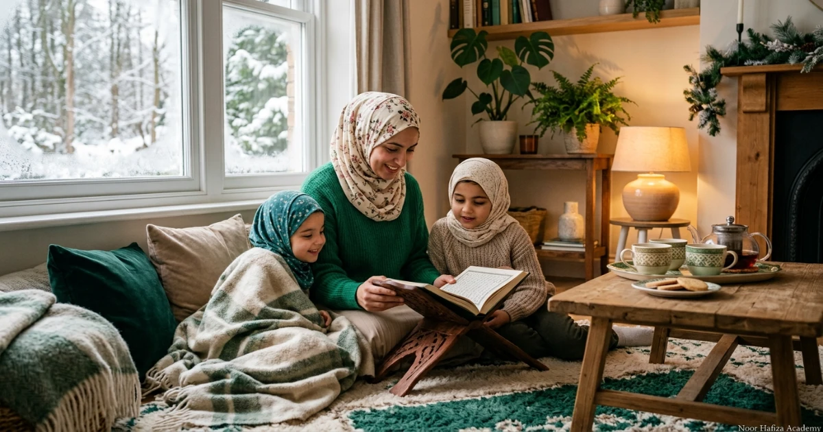Muslim family following a winter break Quran learning plan with reading Hifz and Islamic activities at home