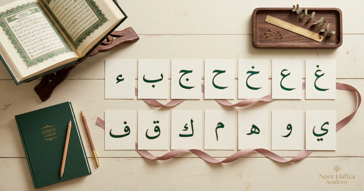 Fourteen Lam Qamariyyah moon letters in Arabic with clear Lam pronunciation