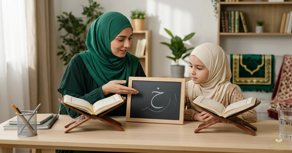 Female Quran teacher explaining tongue position and mouth resonance for heavy Arabic letters