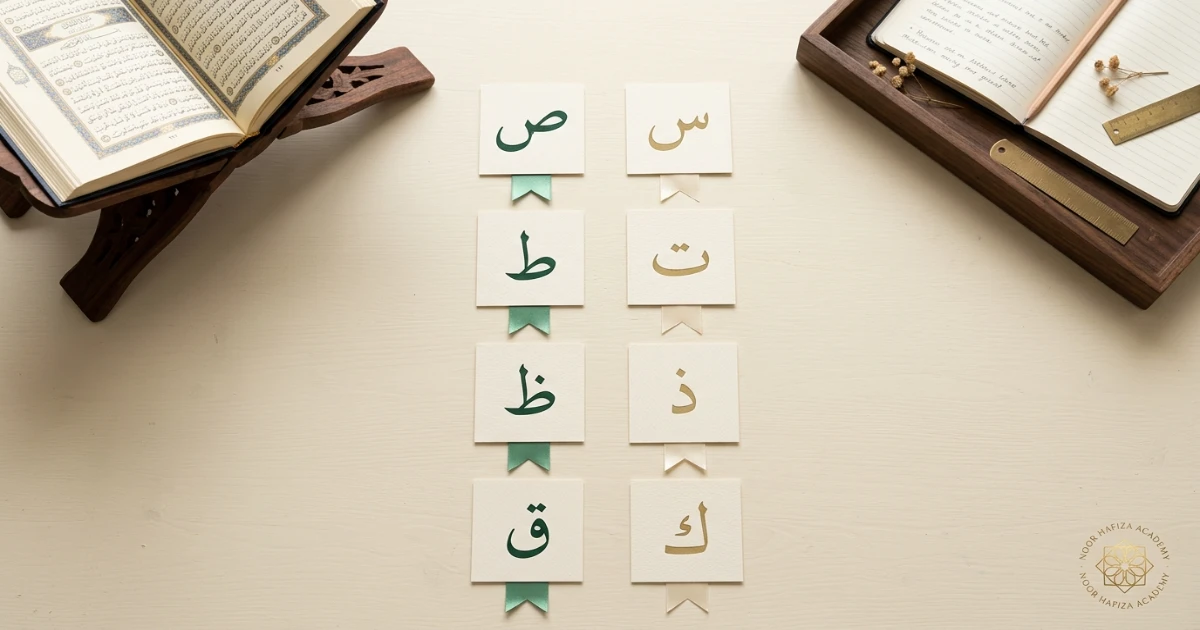 Female Quran teacher comparing heavy and light pronunciation in Tajweed