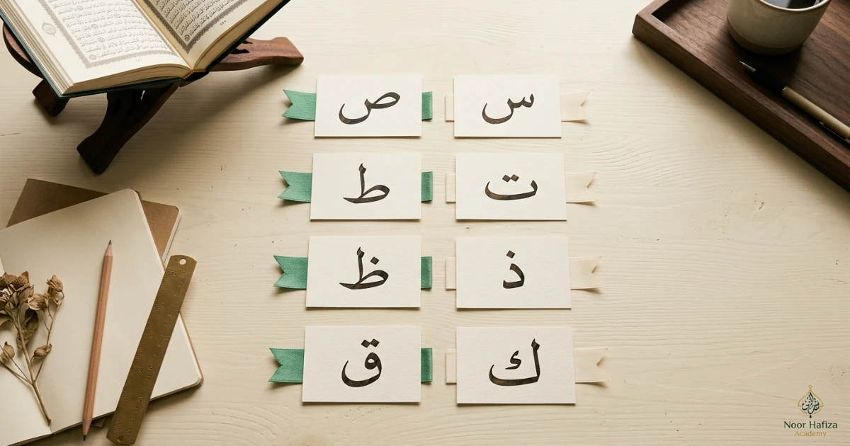 Heavy and light Arabic letter pairs Sad Seen Ta Ta Za Dhal and Qaf Kaf for Tajweed practice