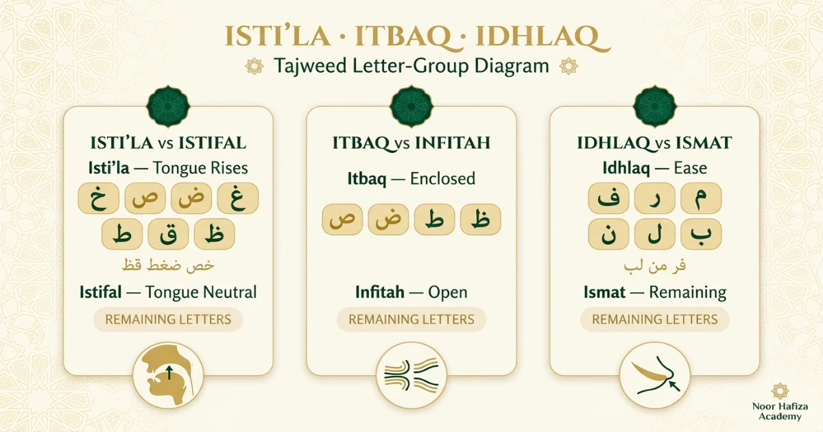Hams Jahr Shiddah Rikhwah and Tawassut Arabic letter groups in Tajweed
