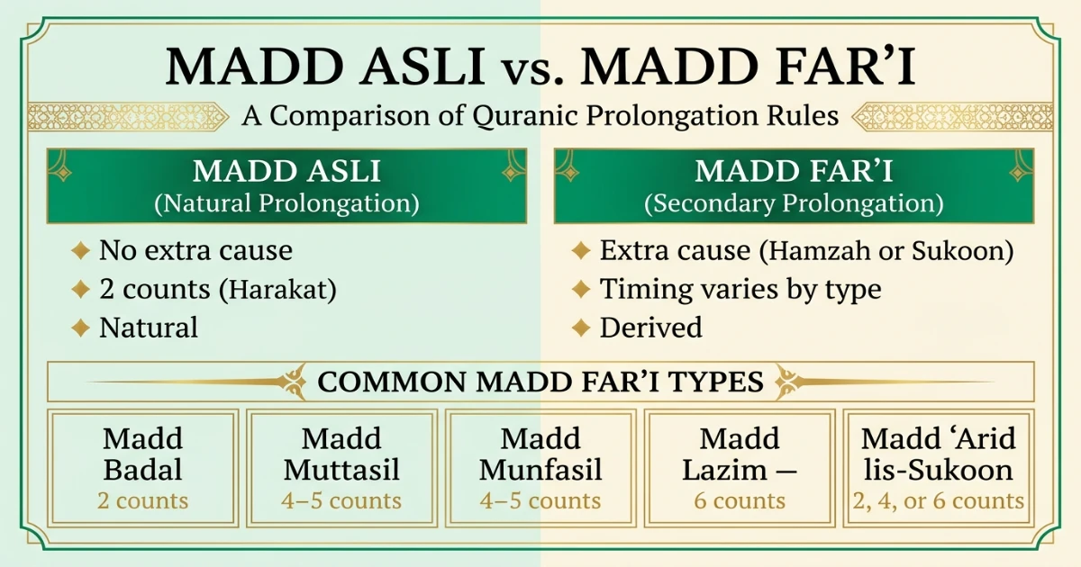 Madd Asli vs Madd Far'i comparison chart showing cause timing and common types