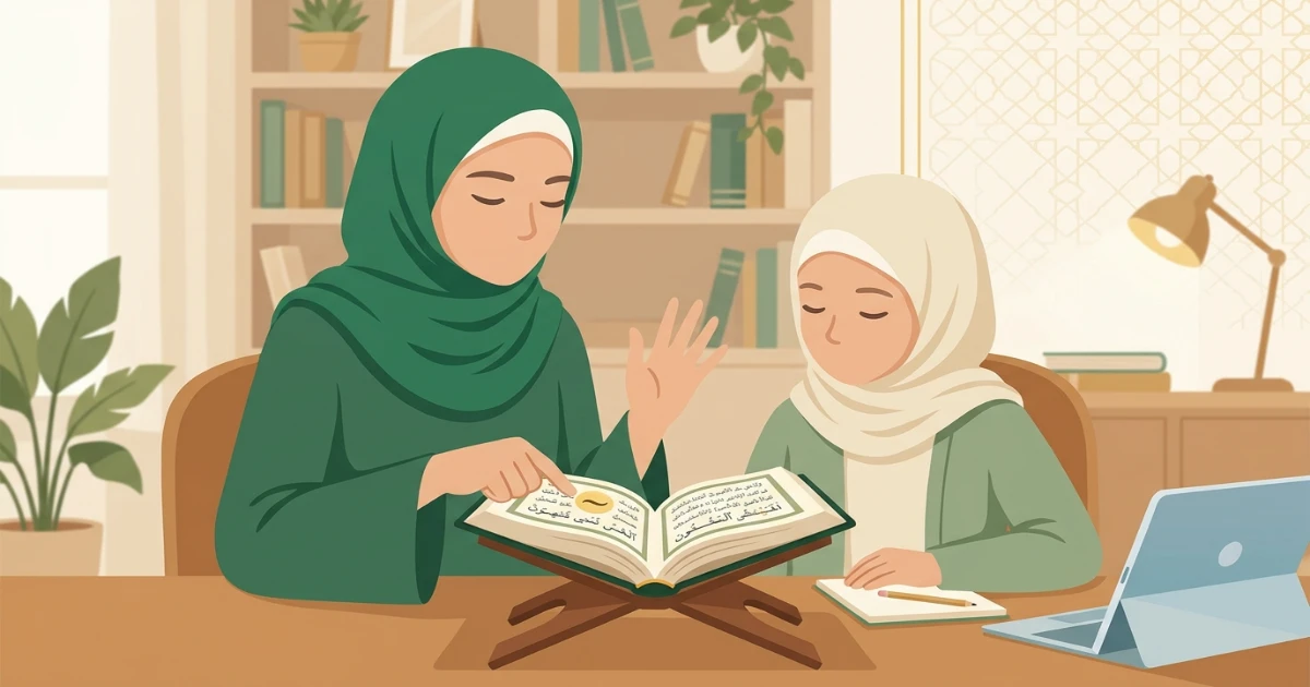 Female Quran teacher helping a student practise Madd counts in Tajweed