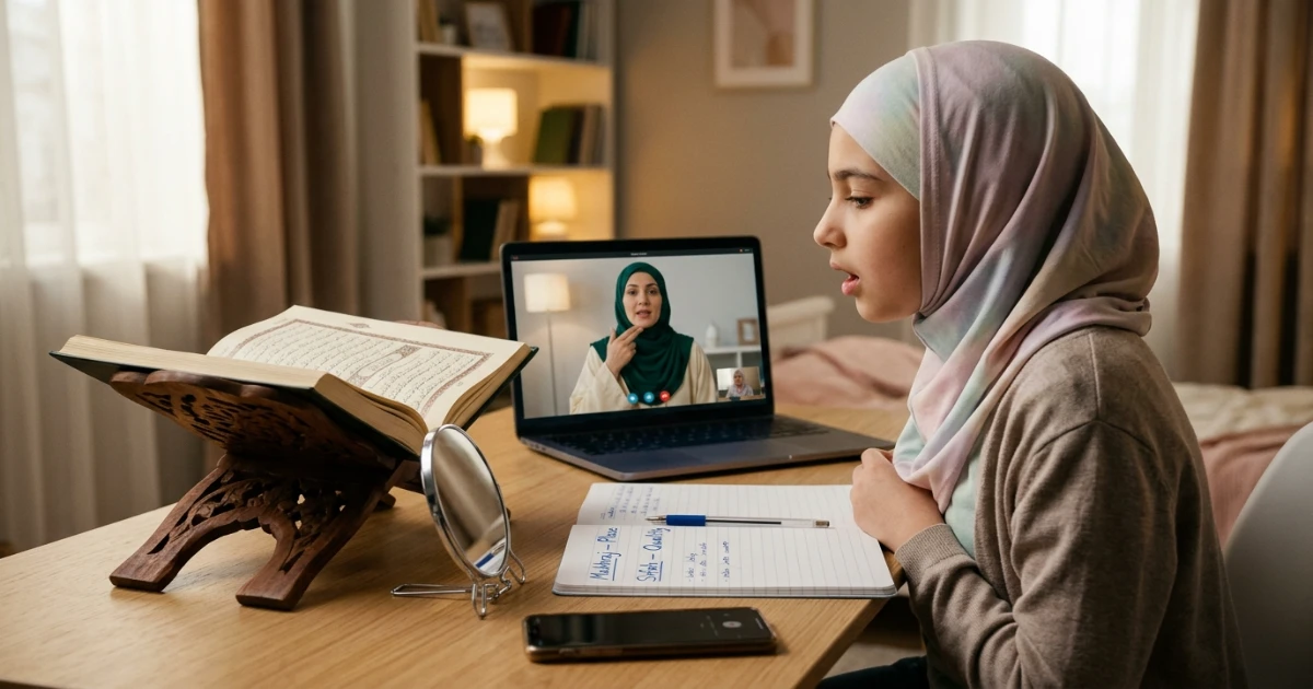 Female Quran teacher helping student practise Makharij and Sifaat in online Tajweed lesson