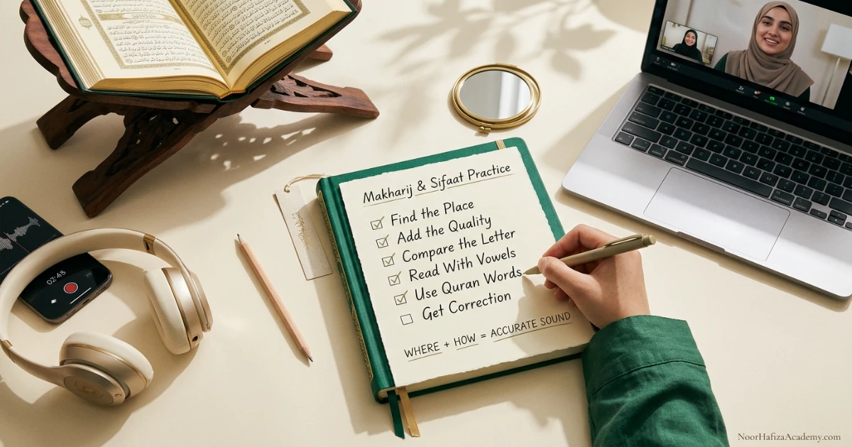 Makharij vs Sifaat practice checklist for articulation place sound characteristics and Quran recitation
