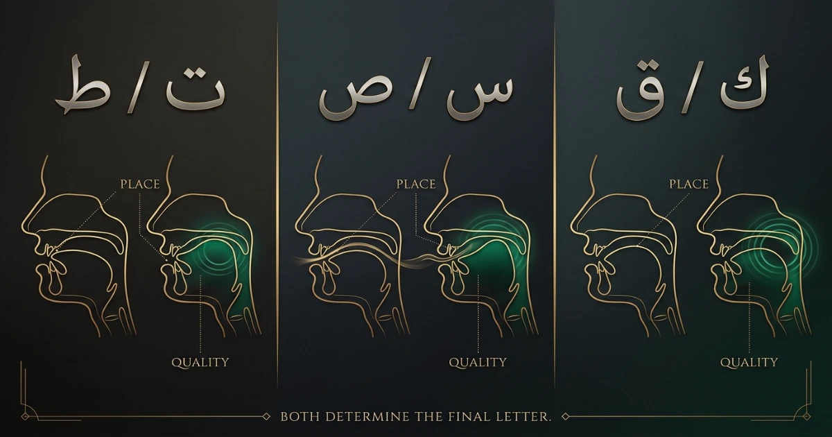Makharij and Sifaat example pairs comparing Ta and Ta heavy letters Qaf and Kaf and Sad and Seen