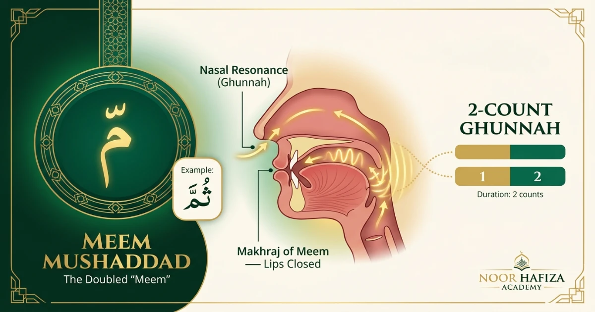 Meem Mushaddad Tajweed rule showing Ghunnah on Meem with Shaddah
