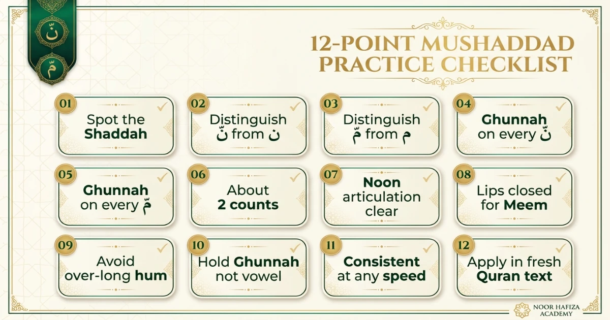 Noon and Meem Mushaddad Tajweed practice checklist for Shaddah Ghunnah timing and pronunciation