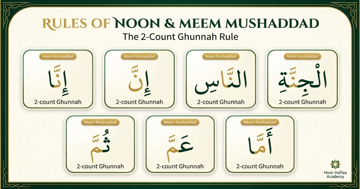Quran examples of Noon Mushaddad and Meem Mushaddad with Ghunnah