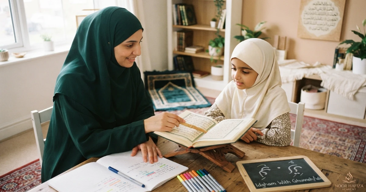 Beginner practising Noon Sakinah and Tanween Idgham rules with a female Quran teacher