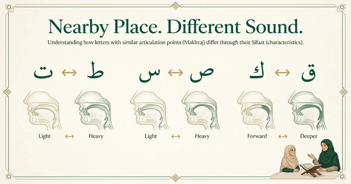 Arabic letters sharing nearby articulation points but distinguished by different Sifaat