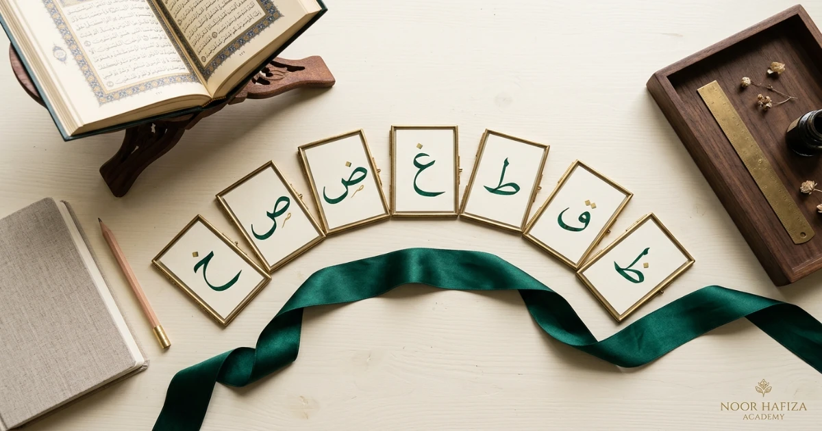 Seven heavy letters in Arabic Tajweed Kha Sad Dad Ghayn Ta Qaf and Za