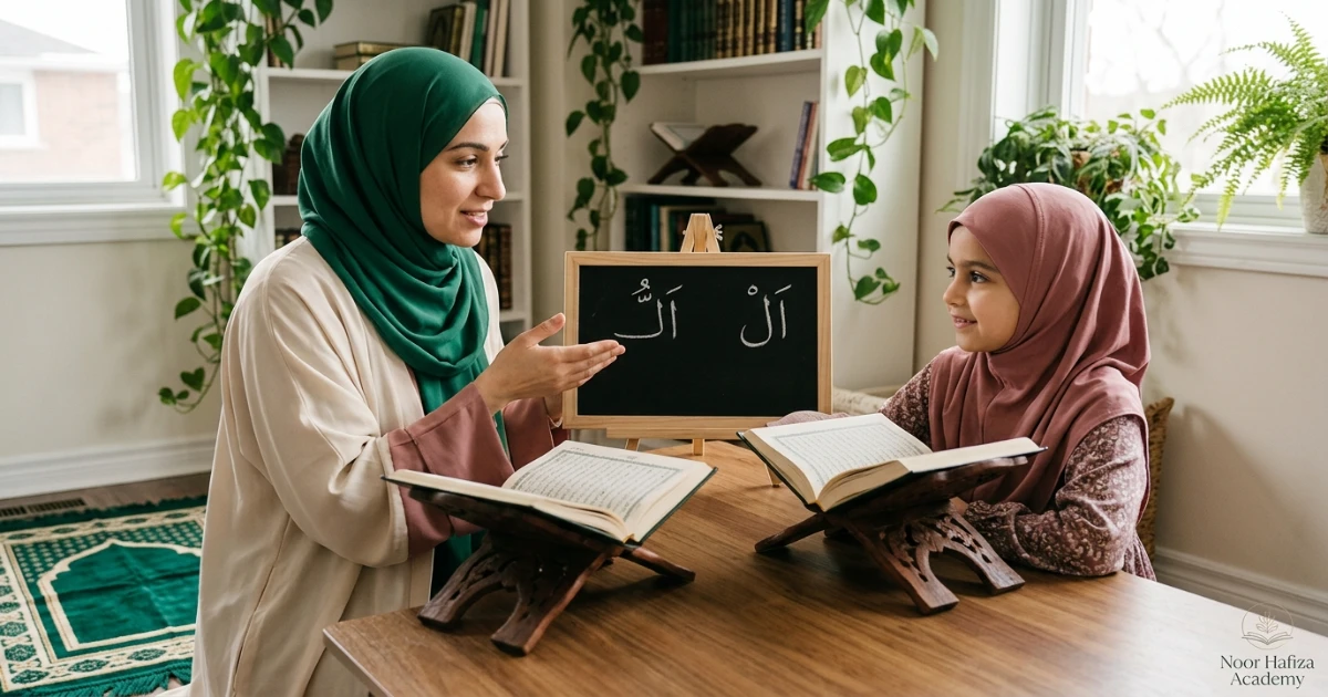 Female Quran teacher comparing Lam Shamsiyyah and Lam Qamariyyah pronunciation