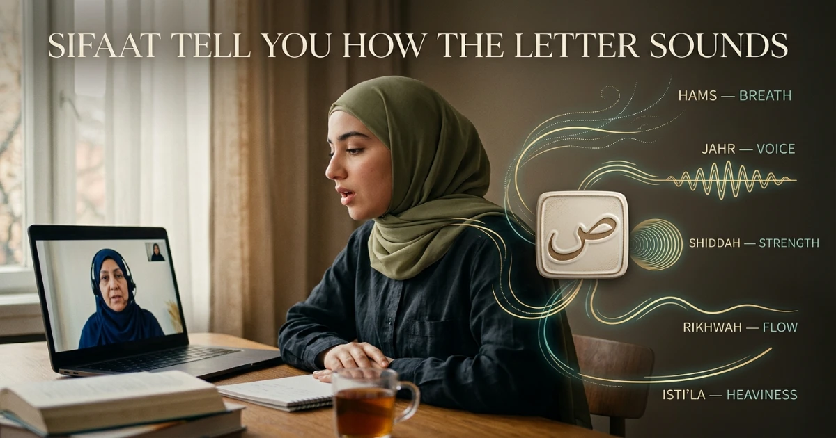 Sifaat al Huruf characteristics of Arabic letters including Hams Jahr Shiddah Rikhwah and Isti'la