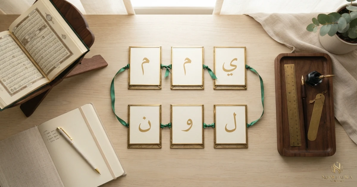 Six Idgham letters in Tajweed grouped as Ya Ra Meem Lam Waw and Noon